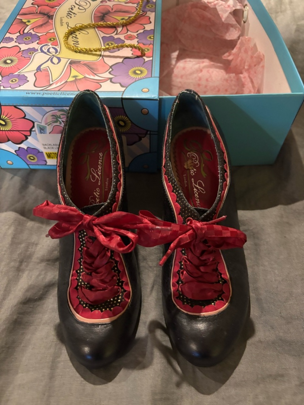 Poetic License Black and Red Lace-Up Retro Heels